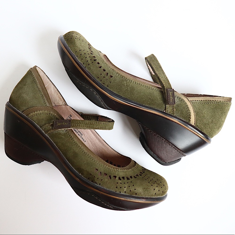 Jambu Olive Green Suede Mary Jane Clogs